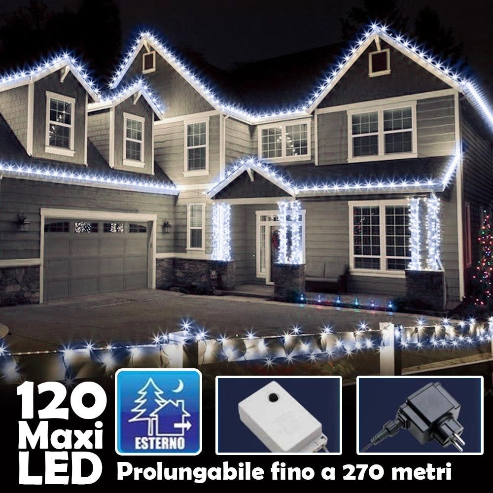 Trade Shop - Catena Luminosa Natalizia 100led Bianco Freddo Con Flash 9mt Esterno Prolungabil -