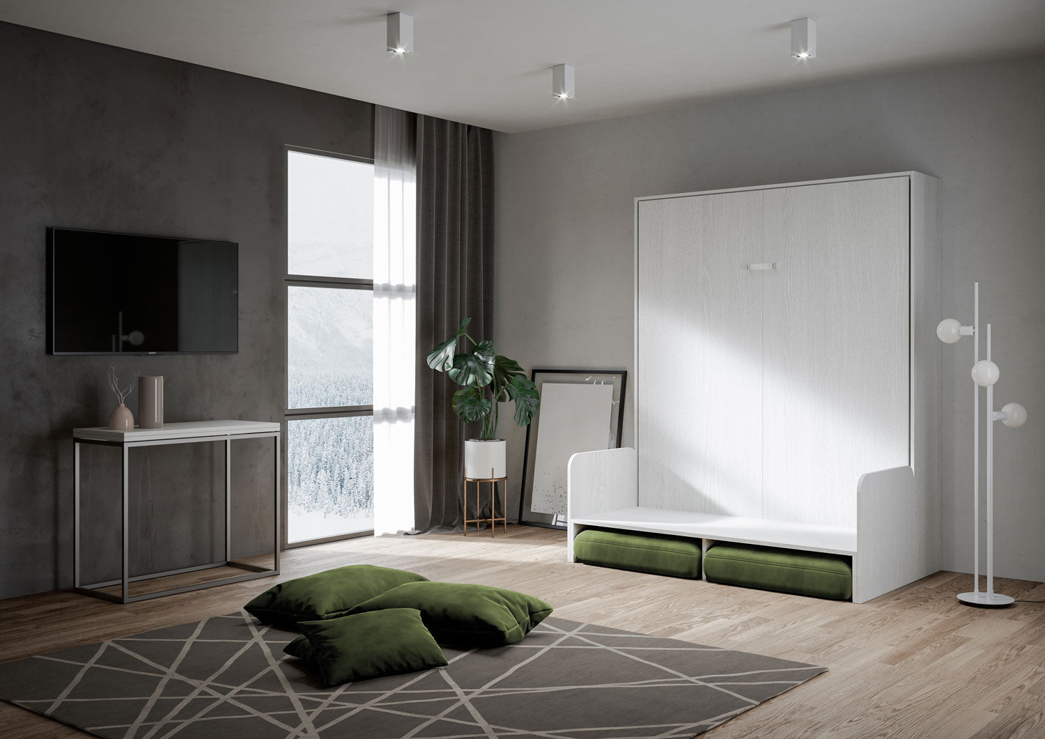 Letto Matrimoniale A Scomparsa 160 Kentaro Con Divano Bianco Frassino e Verde