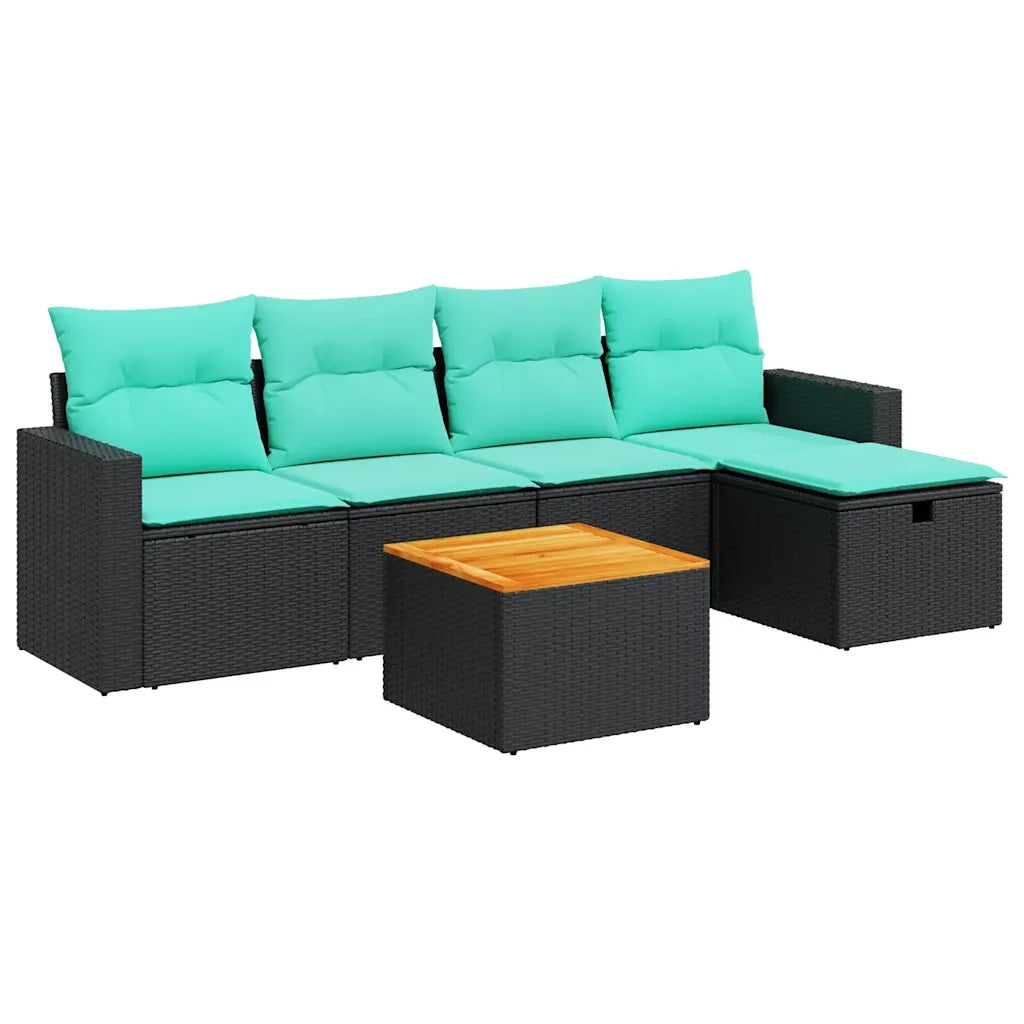 Set Divano da Giardino 6 pz con Cuscini Nero in Polyrattan