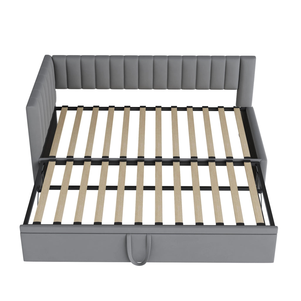 Letto estraibile singolo 90×200 cm e 180×200 cm con testiera imbottita; senza materasso; velluto; grigio