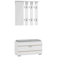 Set Mobili da Ingresso con Appendiabiti, Specchio, Panca con Cuscini e Scarpiera per 8 Paia di Scarpe, Bianco