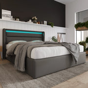 Letto contenitore matrimoniale 140×200 cm con testiera LED e rete sollevabile; materasso incluso; PU; grigio