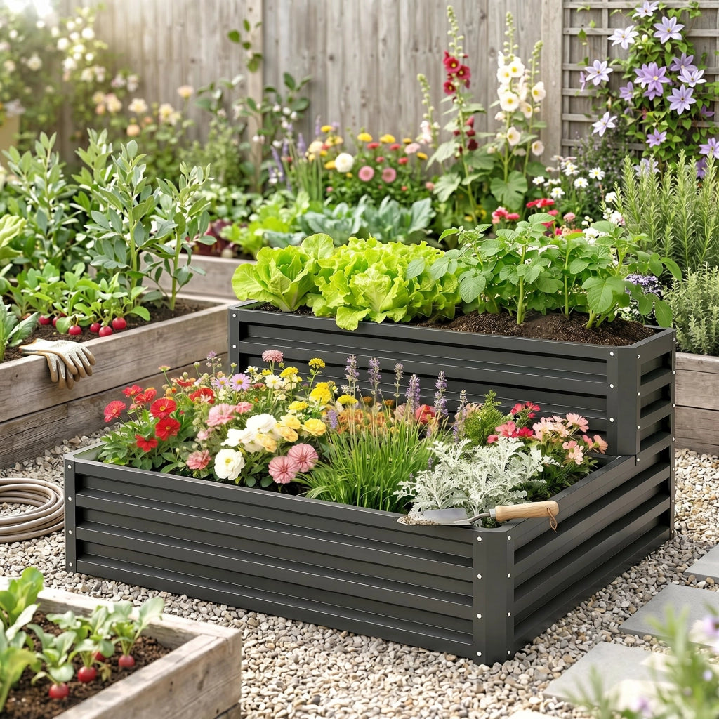 Letto da giardino a due livelli per orto ¨C zephmum ¨C grigio scuro 120x101x58 cm