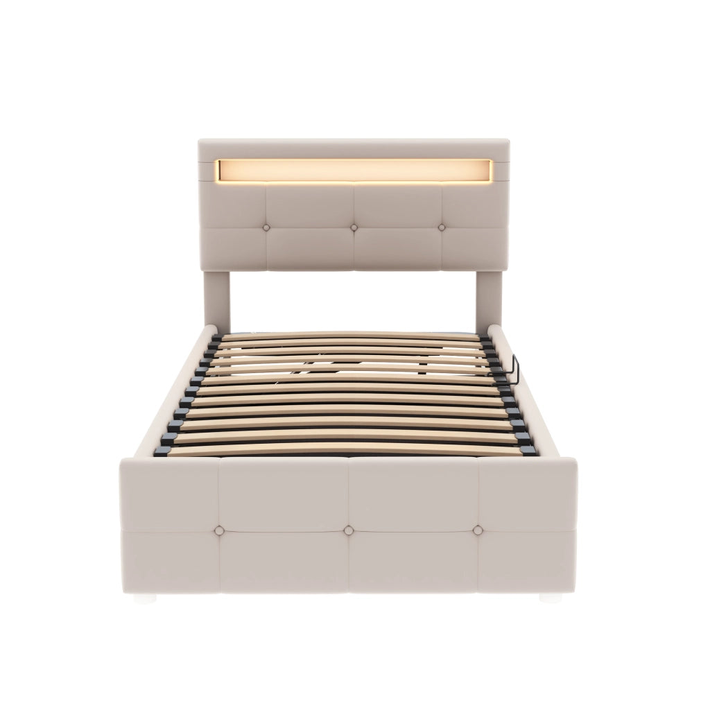 OKWISH Letto Contenitore 90×200 cm, Letto Singolo con LED, Contenitore Idraulico e Testiera Regolabile, senza Materasso, in Velluto, Beige