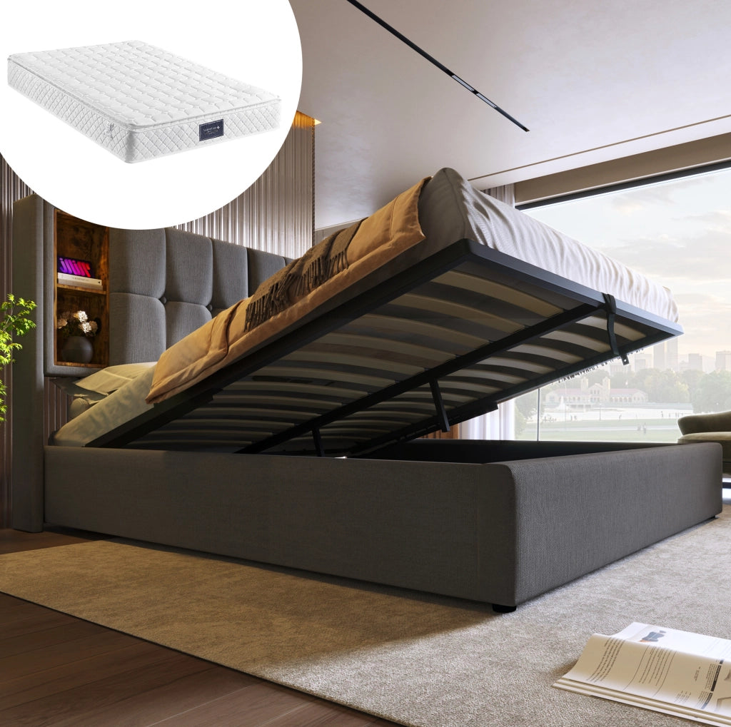 Letto matrimoniale imbottito 140x200 cm grigio in cotone con ricarica wireless; USB e contenitore