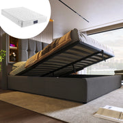 Letto matrimoniale imbottito 140x200 cm grigio in cotone con ricarica wireless; USB e contenitore