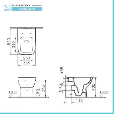 Sanitari filomuro senza brida Rimless scarico universale e copriwc  Square