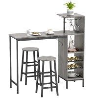 Set tavolo da pranzo alto con 2 sedie da bar, con ripiani e portabottiglie, Legno naturale