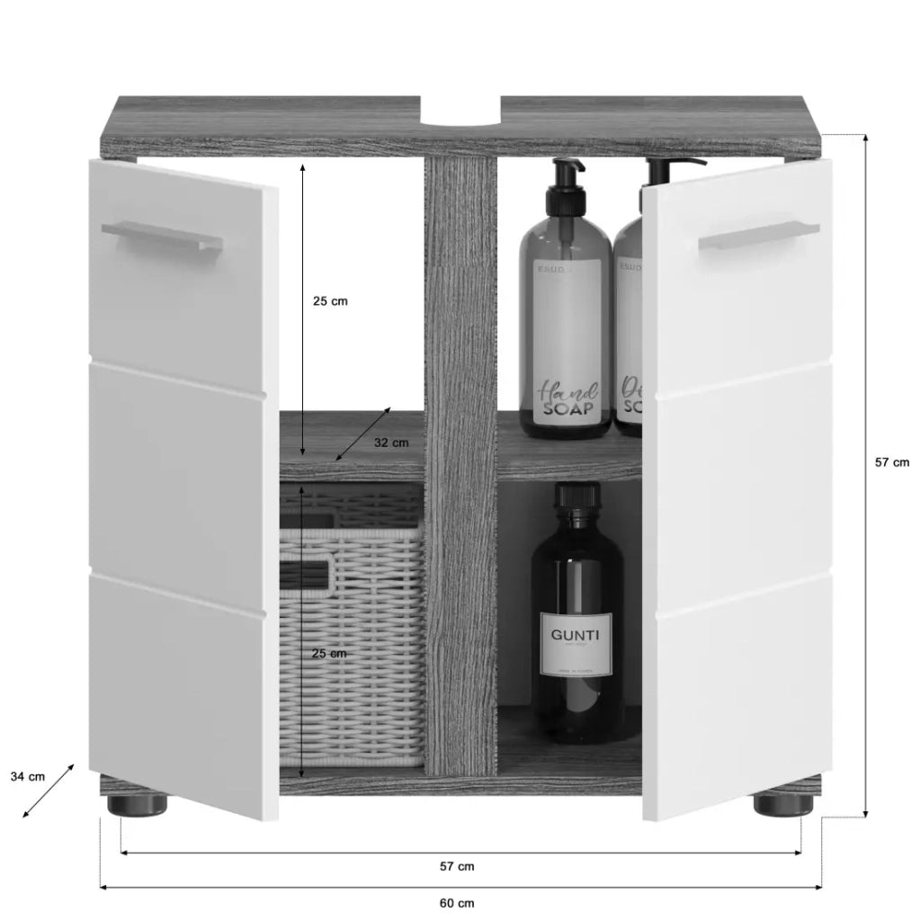 Mobile sottolavabo WILLIAM – Grigio scuro e bianco – 57x60x34 cm – 2 porte