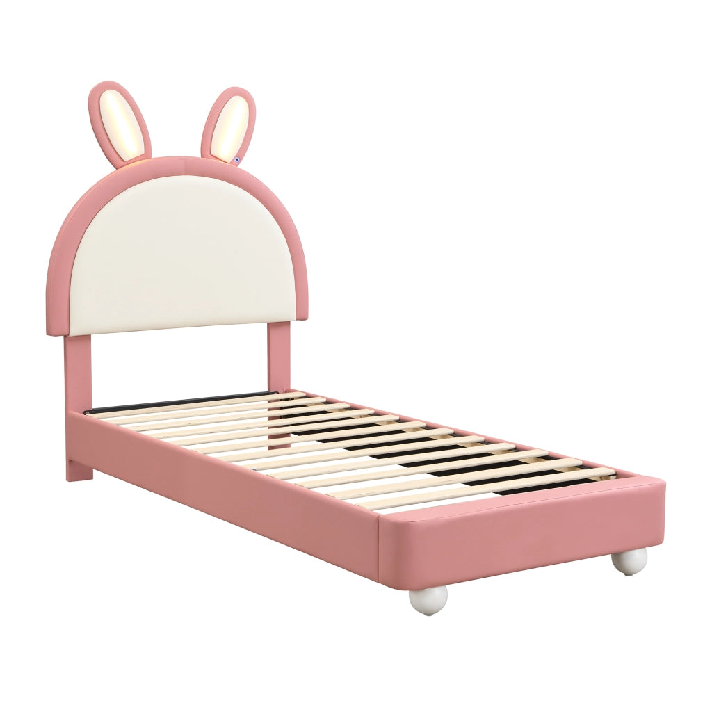 Letto per Bambini 90x200 cm; Testiera a Coniglio con LED e Bordo Paracolpi - Rosa