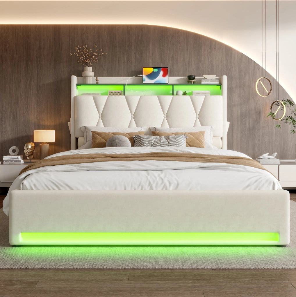Letto contenitore 140x200 cm in velluto beige con LED e USB-C