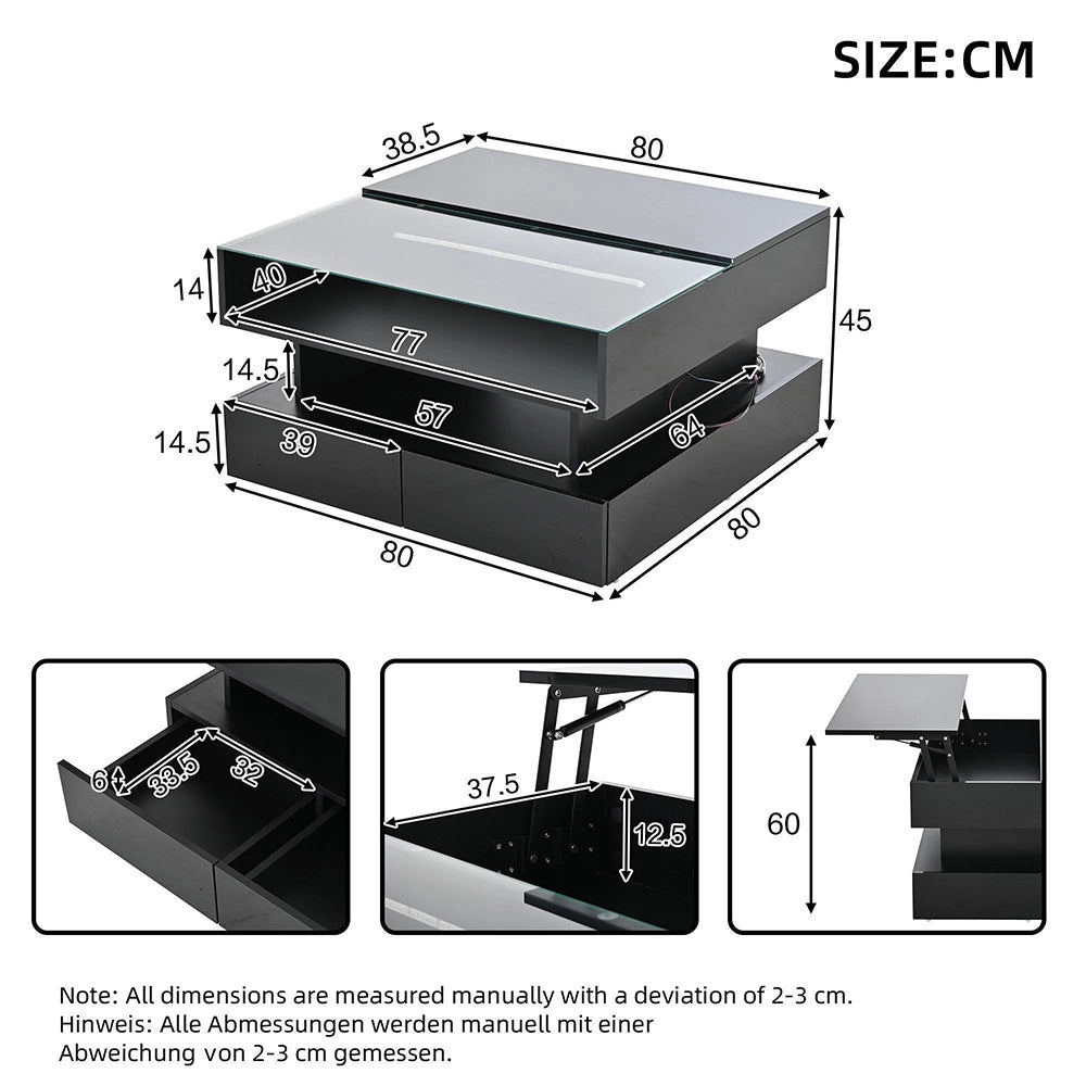 Tavolino regolabile - Xylo - 80x80cm vetro temperato 2 cassetti LED nero