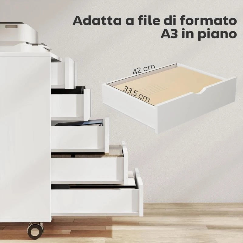 CASSETTIERA DA UFFICIO CON 5 CASSETTI PER DOCUMENTI A3, RUOTE E BLOCCO, 50X40X67.5 CM, BIANCO