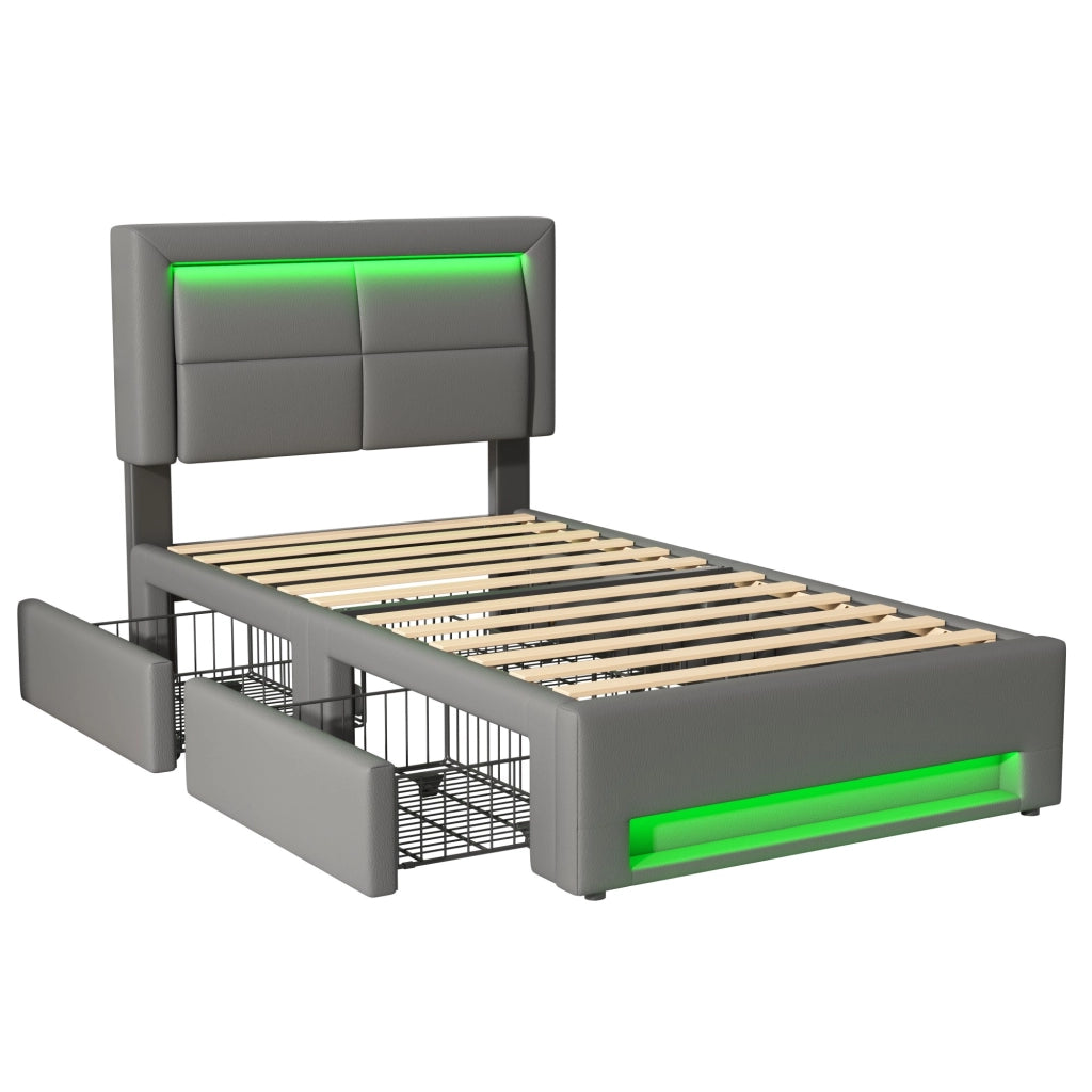 OKWISH Letto Singolo 90×200 cm, Letto Bambino con USB, Ricarica Wireless, LED Regolabile e 4 Cassetti, senza Materasso, in PU, Grigio
