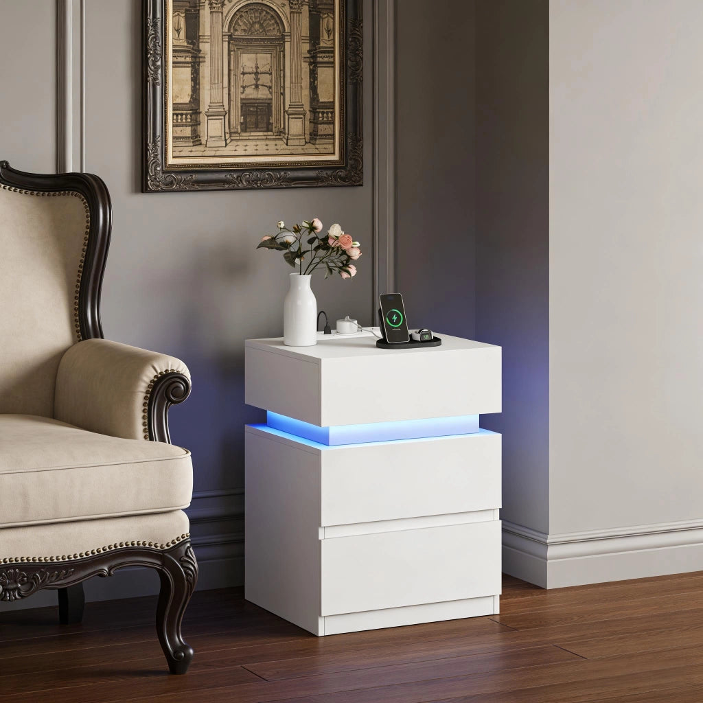 Comodino con LED, stazione di ricarica, 2 cassetti e vano a ribalta, per camera da letto, bianco 35 × 40 × 55 cm