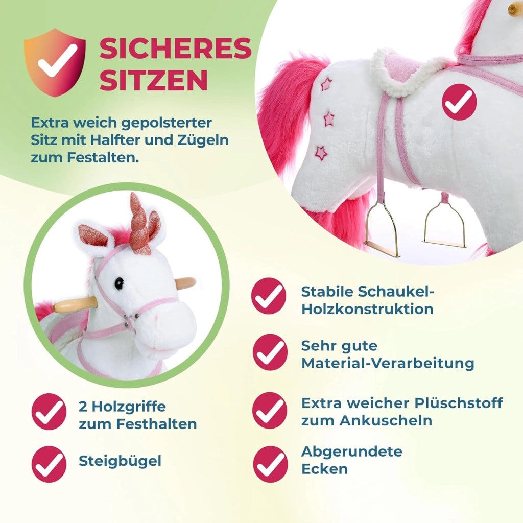 DEUBA® Unicorno Peluche a Dondolo in Legno con Suoni Animale a dondolo Giochi Infanzia Gioco Bambini Giocattolo Regalo
