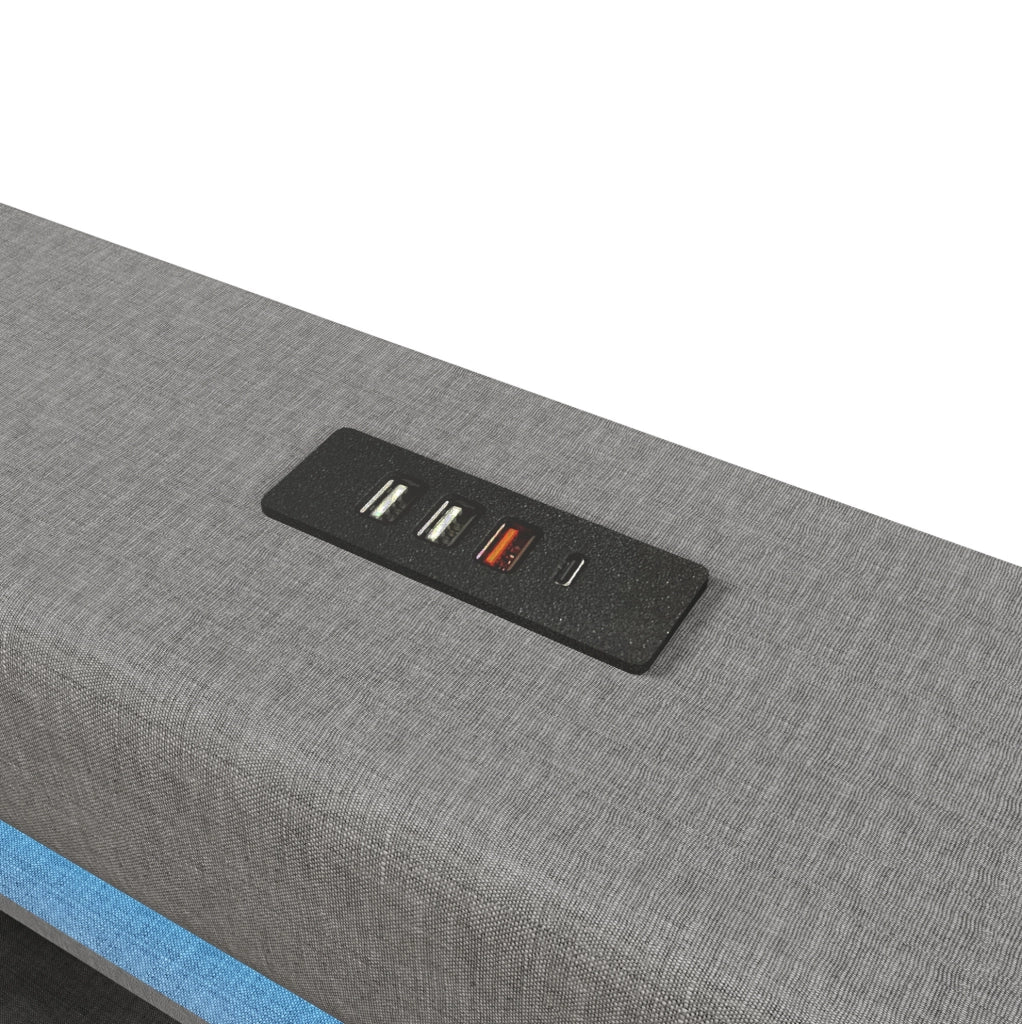 Letto imbottito ULEVR 140x200 cm con contenitore idraulico, LED, USB e Type-C, lino grigio