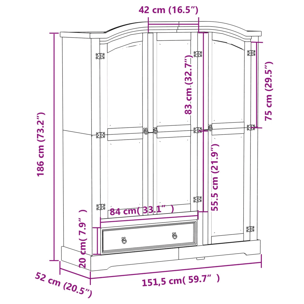 Armadio Corona Bianco 151,5x52x186 cm in Legno Massello di Pino 4012161