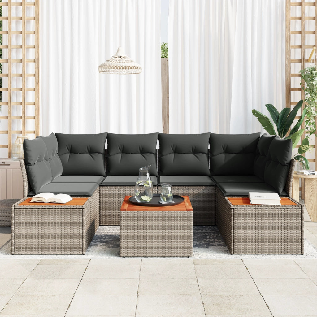 Set di Divani da Giardino da 7 Pezzi con Cuscini Grigi in Rattan Poly Acacia