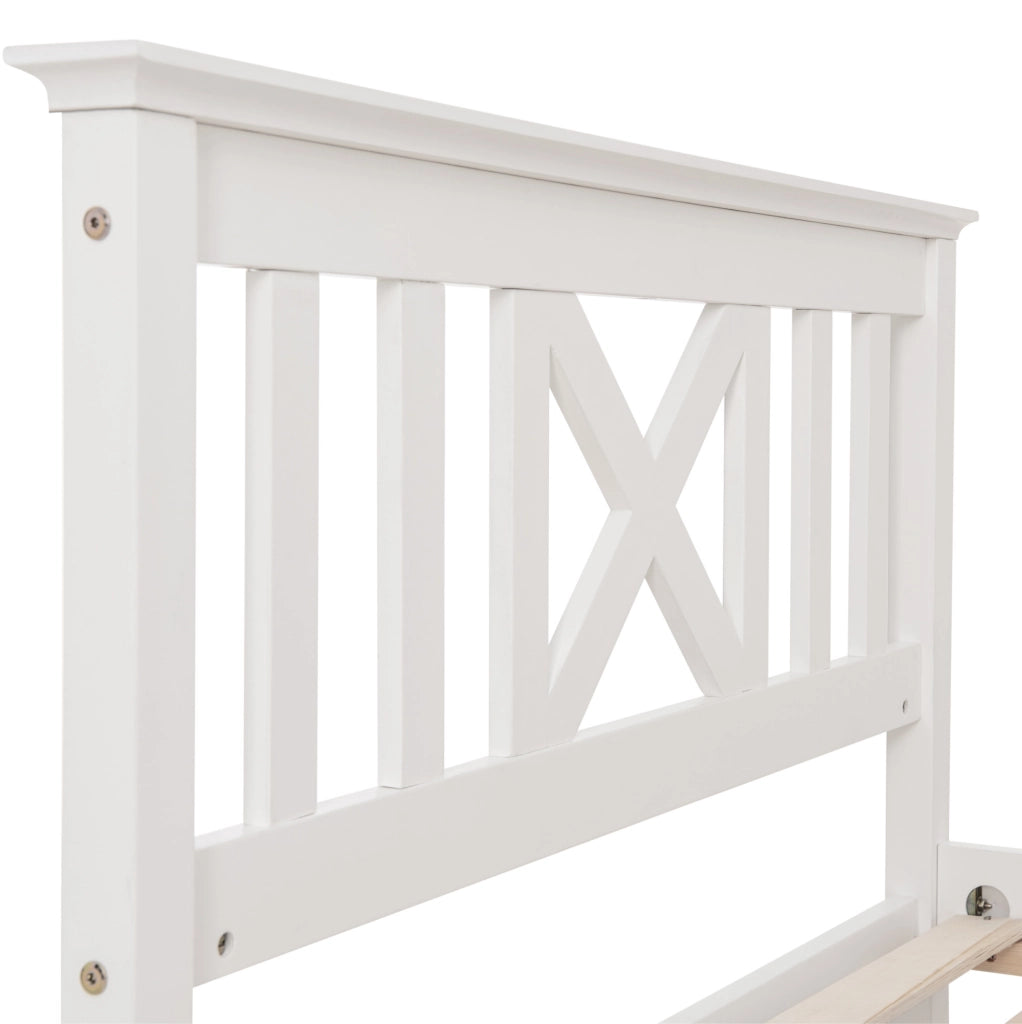 Letto singolo 90x200 cm in legno massello di pino bianco con testiera a X e rete a doghe