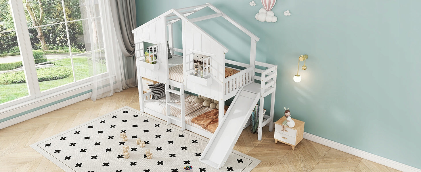 Letto a castello 90x200 - Xylo - Bianco con scivolo e tetto