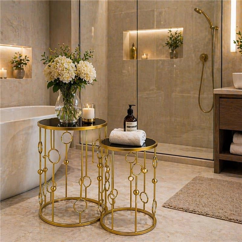 2 TAVOLINI TONDI METALLO COLOR ORO E TOP IN VETRO MISURE 38X55CM/ 33X50CM
