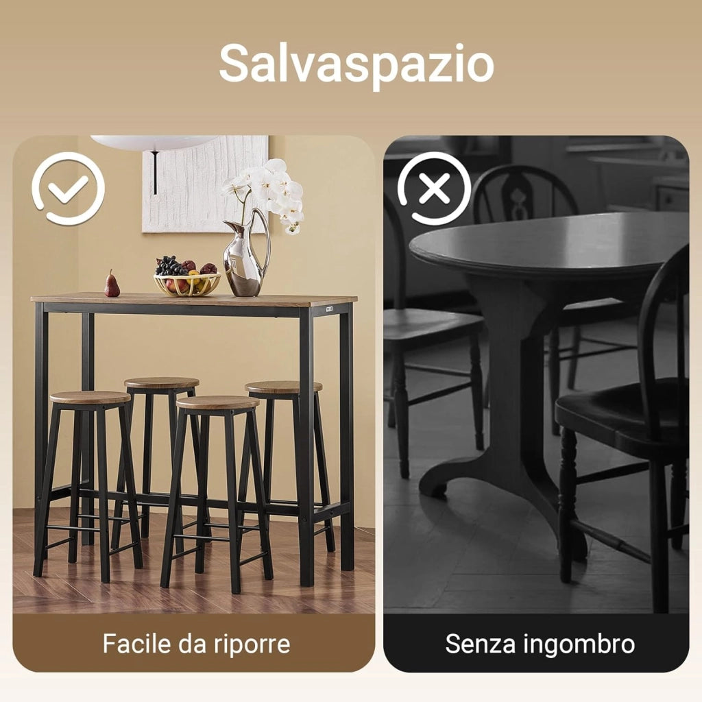 Set Tavolo da Bar Alto con 4 Sgabelli - Tavolo Salvaspazio per Cucina Piccola e Balcone, Stile Industriale Moderno - Tavolino Alto da Esterno per Giardino o Terrazzo Nero OGT22-SCH