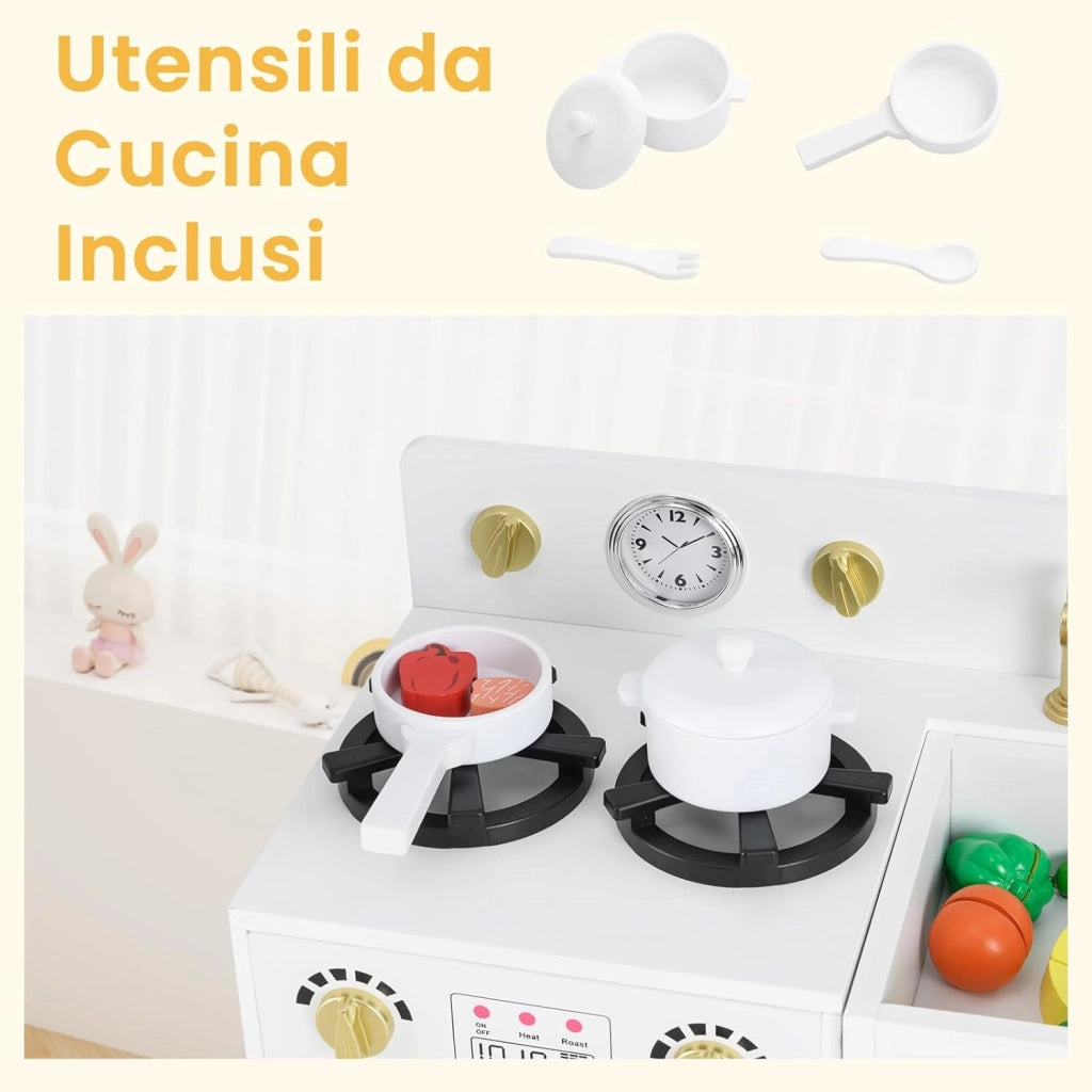 Cucina Giocattolo per Bambini, Cucina per Bambini in Legno con Frigorifero, Fornello, Lavandino, Macchina per il Ghiaccio, Orologio, Lavastoviglie e Accessori, per 3+ Anni