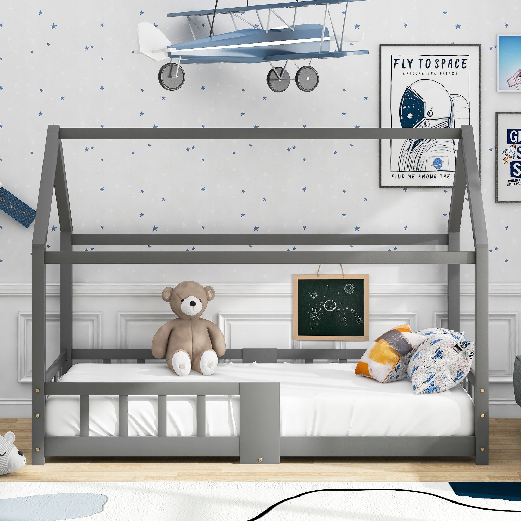 Letto singolo per bambini in legno - Xylo - 90x200 - Grigio - Con lavagna
