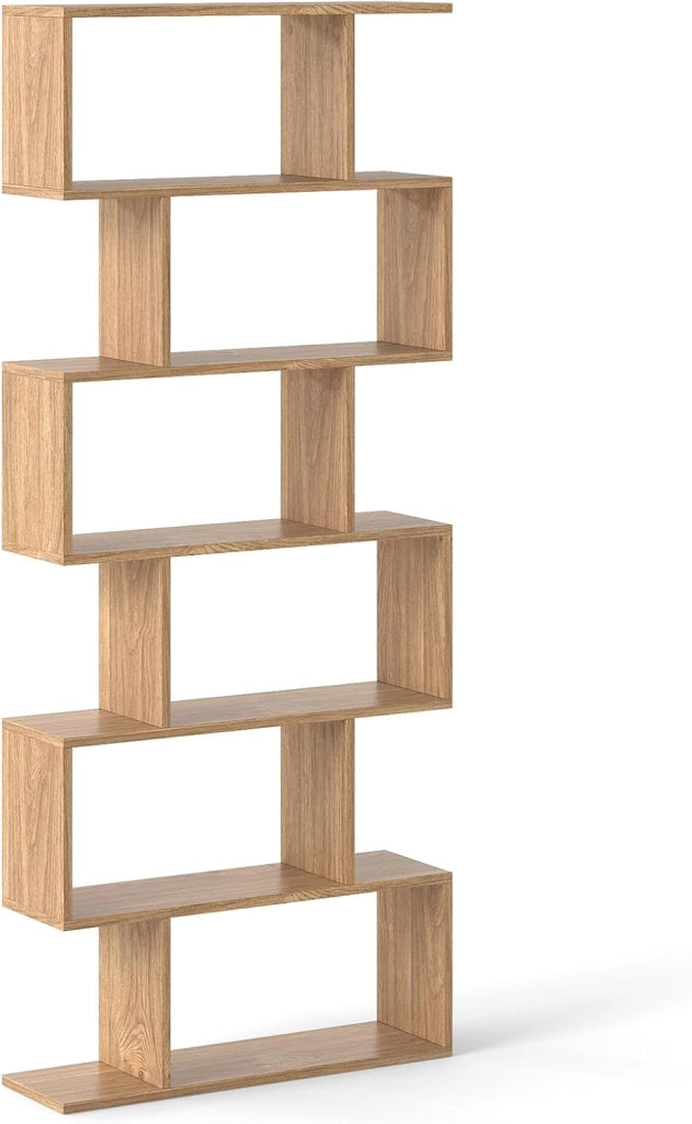 Libreria Scaffale a 6 Ripaini, a Forma di S, Portata di 120 kg, Scaffale Portaoggetti con 6 Cubi, Moderna e Salvaspazio, Arredo per Ufficio, Soggiorno, Biblioteca, 80x23x191 cm (Naturale)