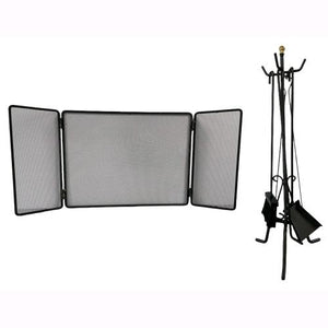 Set Camino in Ferro Battuto Nero con Parascintille 3 Ante 100x45cm e Kit Attrezzi 58cm
