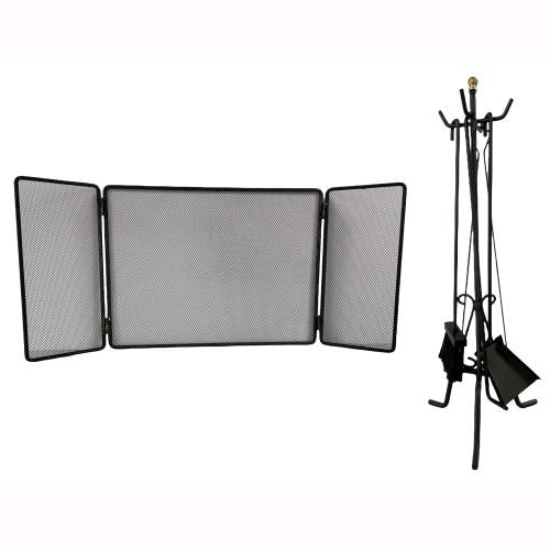 Set Camino in Ferro Battuto Nero con Parascintille 3 Ante 100x45cm e Kit Attrezzi 58cm