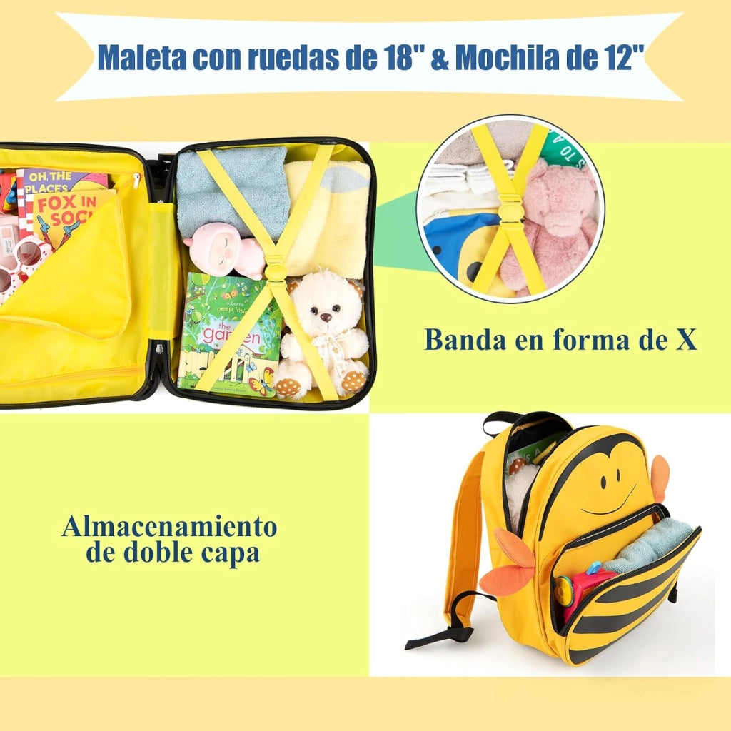 Set di Valigia Cavalcabile 18’’ + Zaino 12’’ per Bambini 2 Pezzi, Bagagli 2-in-1 di con Maniglia Telescopica e 4 Ruote, Trolley Bagaglio a Mano e Zaino per Bambini (Giallo Ape)