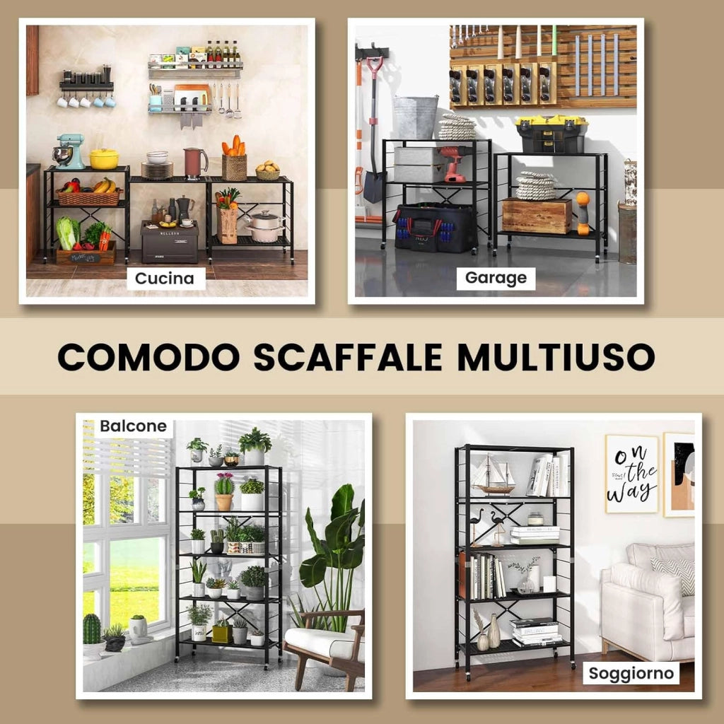 Scaffale Pieghevole con Ruote, Scaffale in Metallo con 5 Ripiani, Mobile in Metallo con Ripiani Regolabili e Grande Capacità da Cucina Balcone Soggiorno, Nero