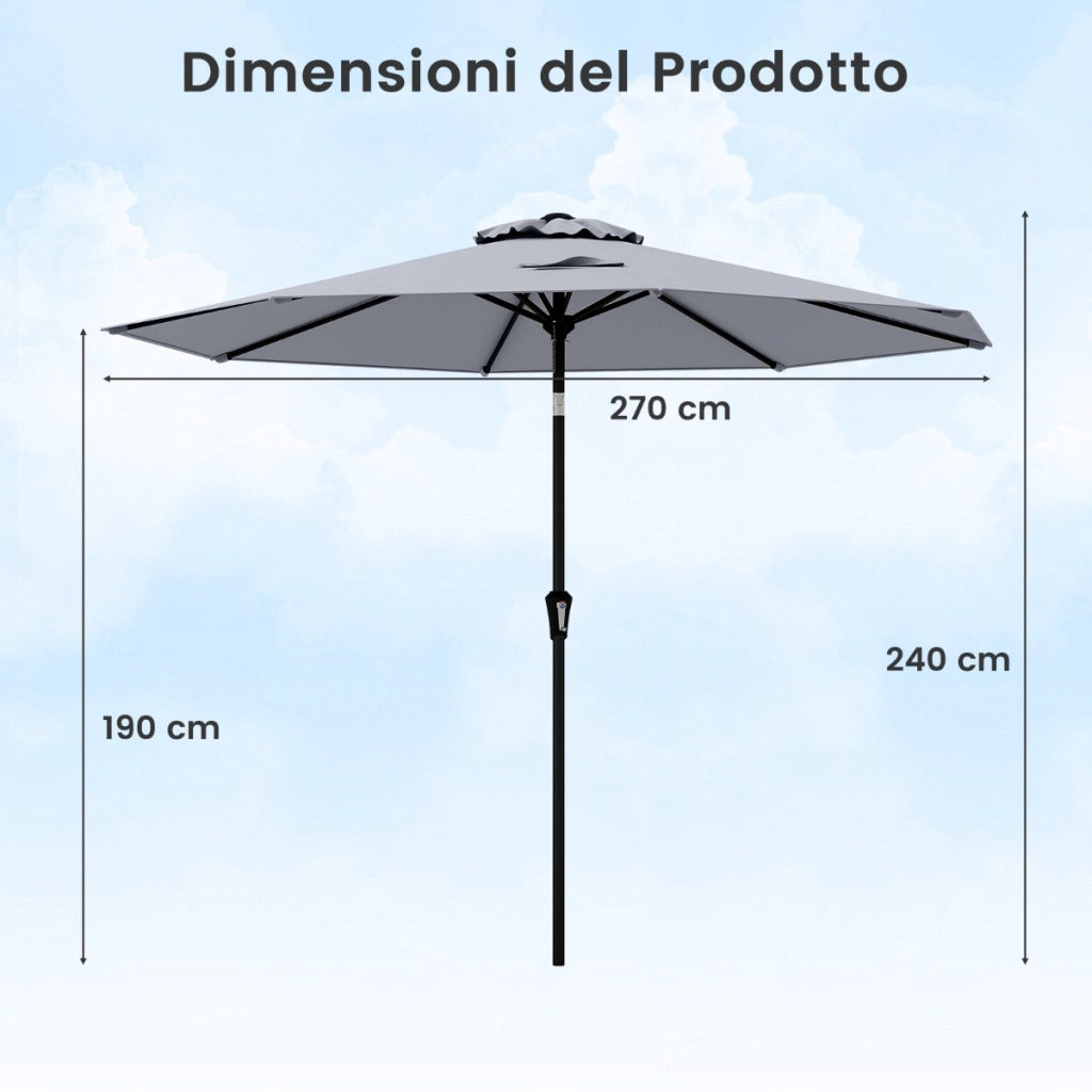 Ombrellone da esterno con inclinazione a pulsante manovella per tavolo da patio, Ombrellone da giardino 270 cm Grigio-Ombrelloni