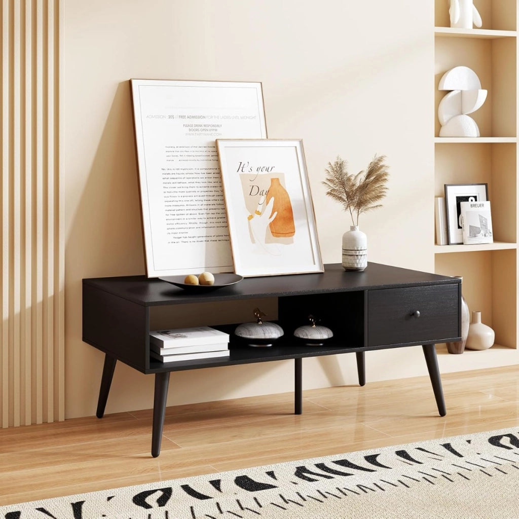 Tavolino moderno mid-century con 1 cassetto e mensola, Tavolino da caff¨¨ per salone e reception Nero