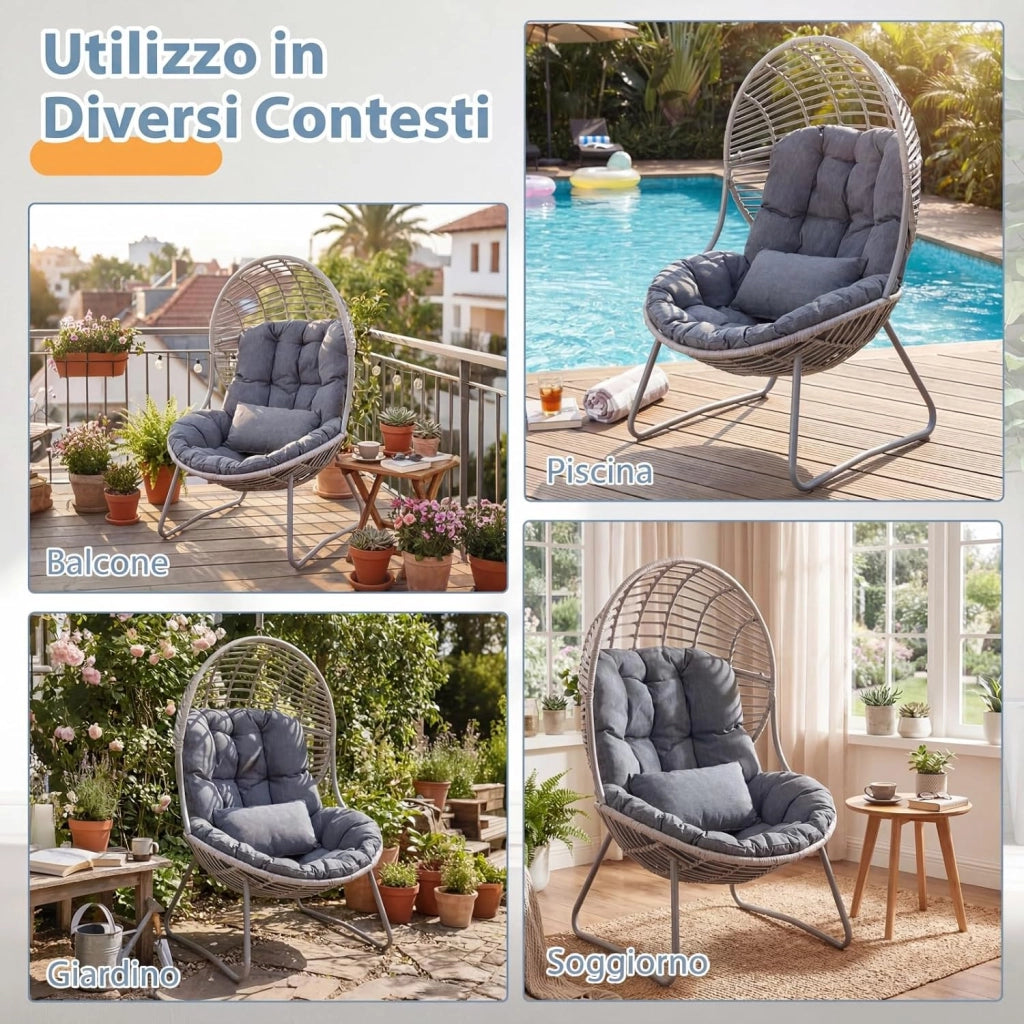 Poltrona da Giardino in PE Rattan, Sedia Relax a Nido con Cuscino Imbottito, Sedile Ampio e Telaio in Metallo, Poltrona per Lettura, Lounge e Riposo, per Esterno e Interno, Max 150 kg, Grigio