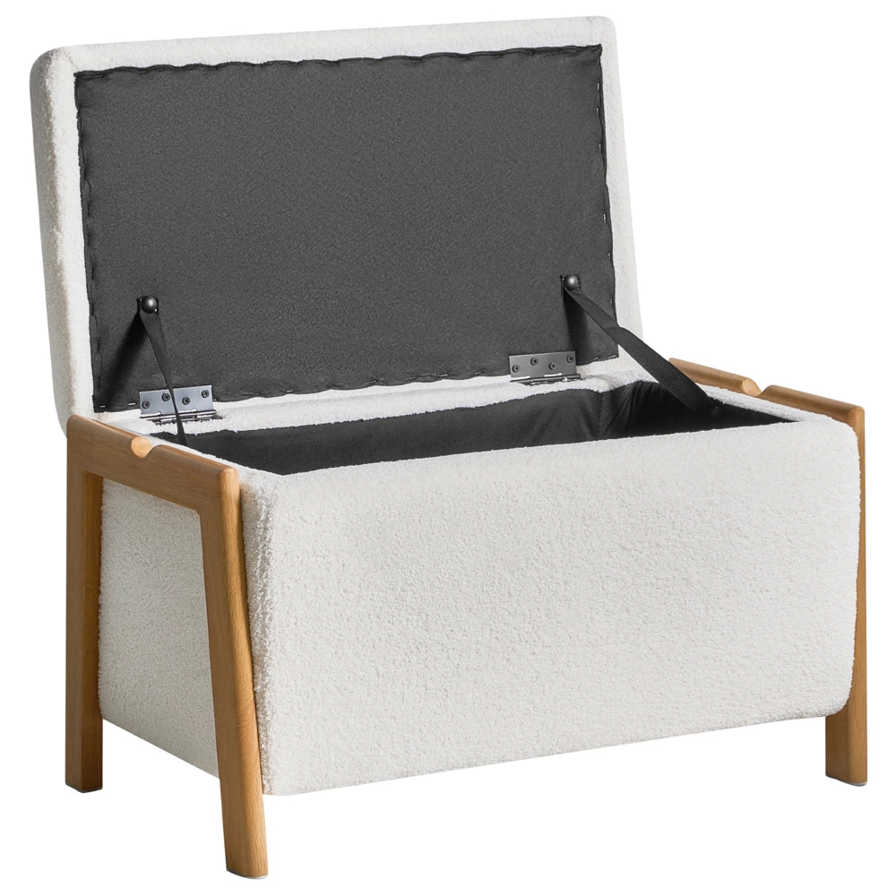 Set divano e panca Bouclé bianco imbottito Gambe in ferro Funzione letto Contenitore aggiuntivo Stile moderno