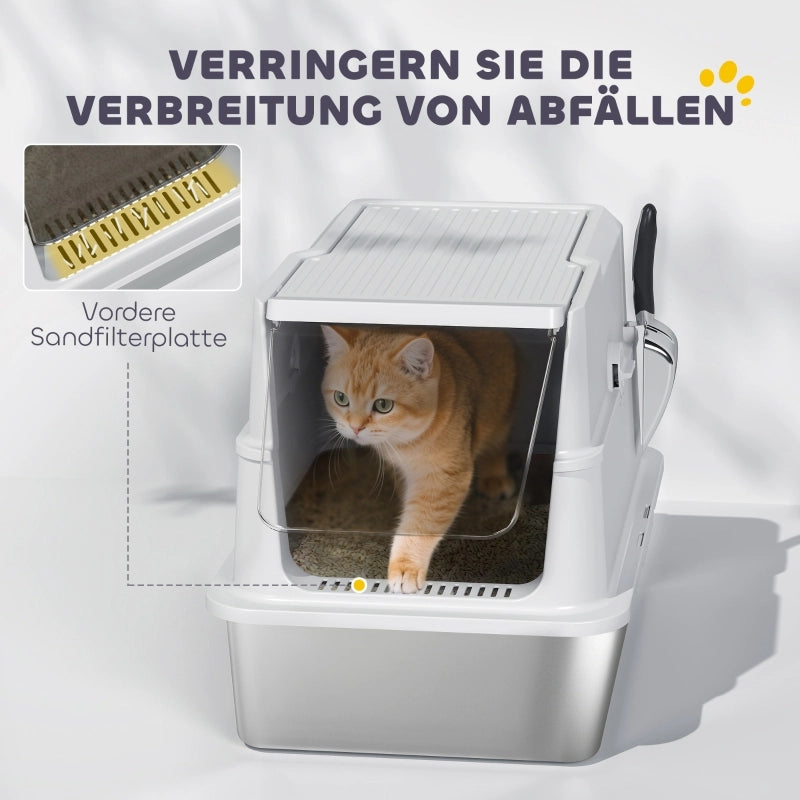 Lettiera per gatti, in acciaio inox, interno XL, con paletta, grigio chiaro