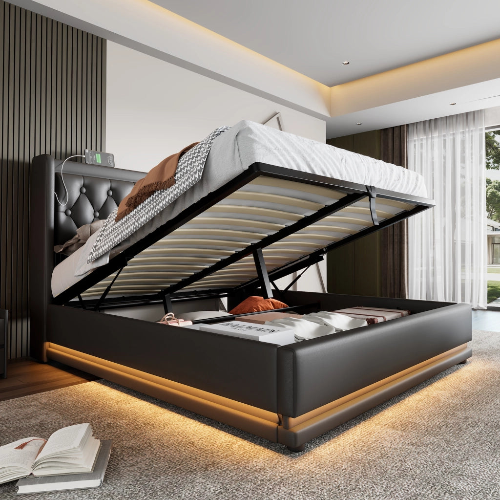 Letto Contenitore Letto Matrimoniale 160 x 200 cm con USB; Tipo C e LED; senza Materasso; PU; Nero