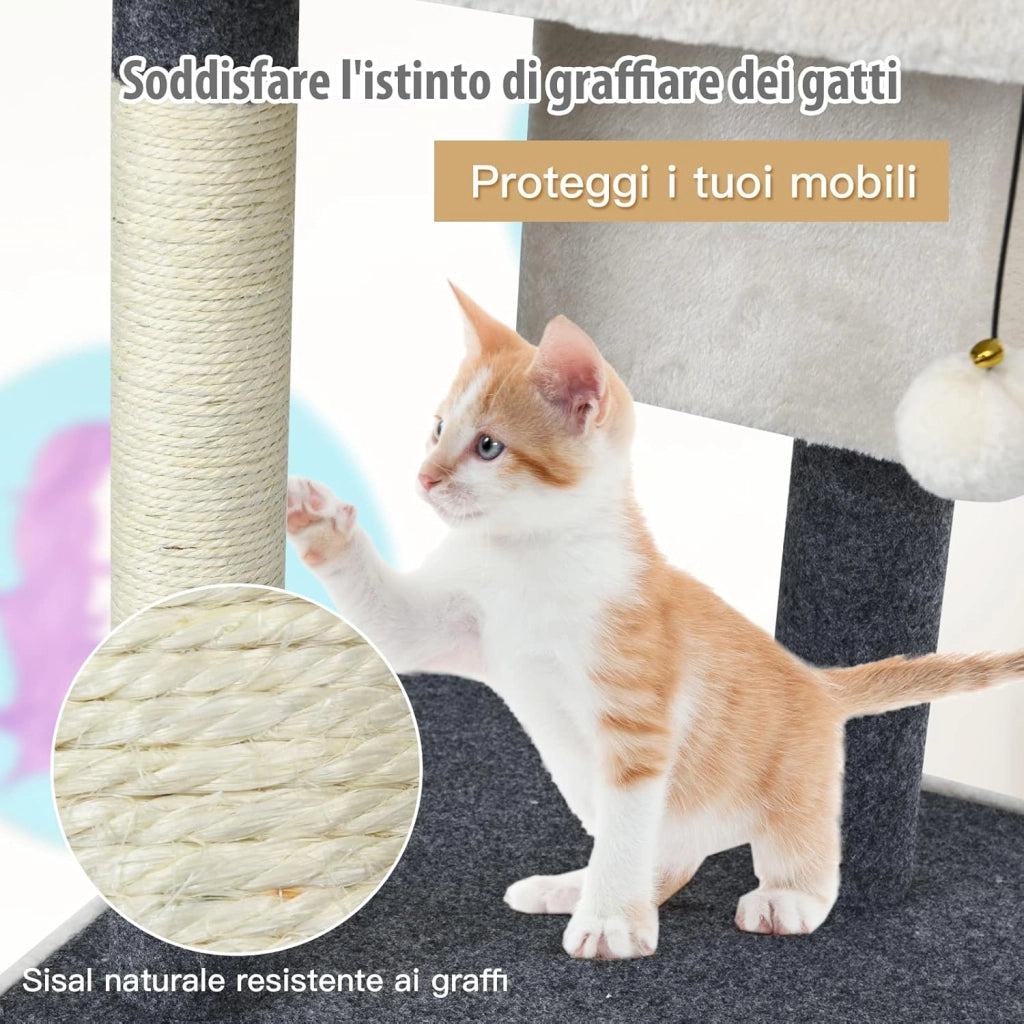 Tiragraffi per Gatti Piccoli con Cuccia, Piattaforme, Pallina e Sisal, Albero in Legno da Divano, Salotto e Camera da Letto, 42 x 42 x 80 cm