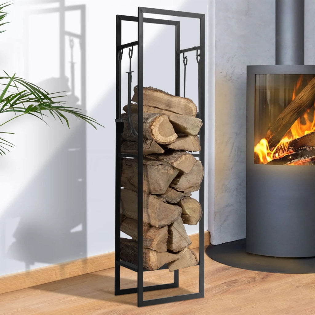 IDMarket - Leñero vertical de acero negro con estante y accesorios H. 170 cm para chimeneas