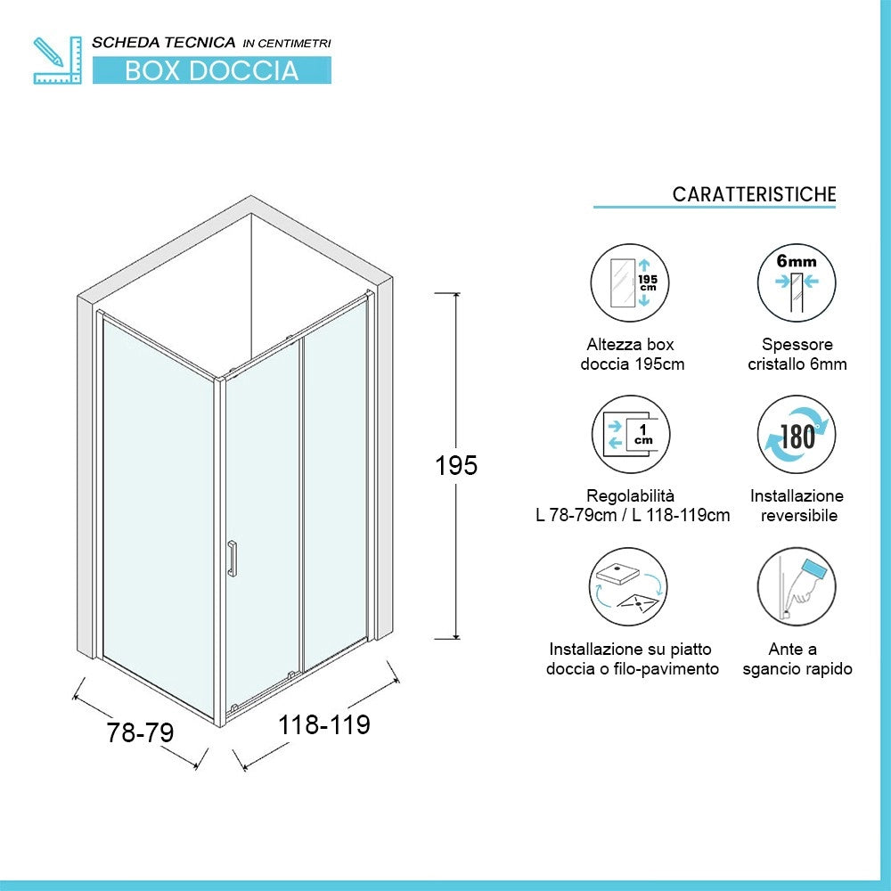 Box doccia angolare 80x120 cm Icon fisso + scorrevole con vetro trasparente