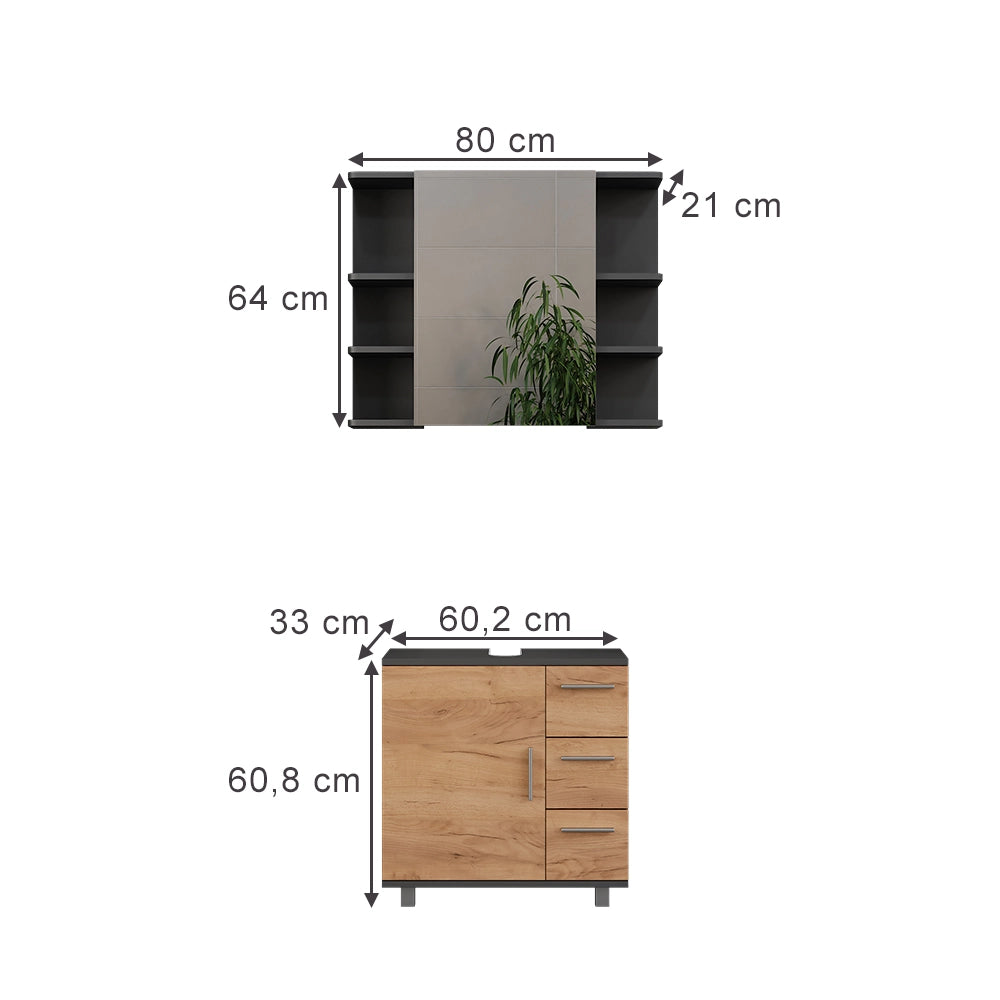 Vicco Set di mobili da bagno Antracite/quercia dorata 2 parti