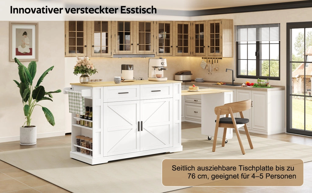Isola da cucina mobile con piano estraibile, 2 cassetti, mobile con anta doppia, ripiano regolabile, presa integrata e 7 ruote