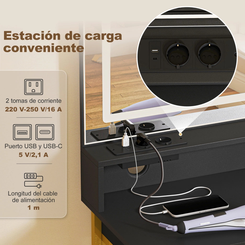 Toletta con Specchio LED e Sgabello ¨C Xylo ¨C 4 Cassetti Nero con Stazione di Ricarica