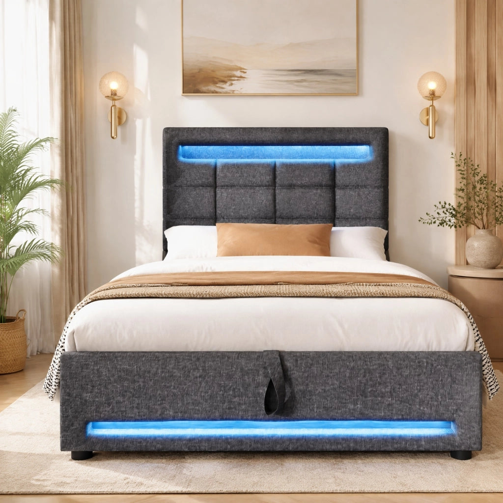 LETTO Contenitore 90x200 cm Lino Grigio con LED APP e USB