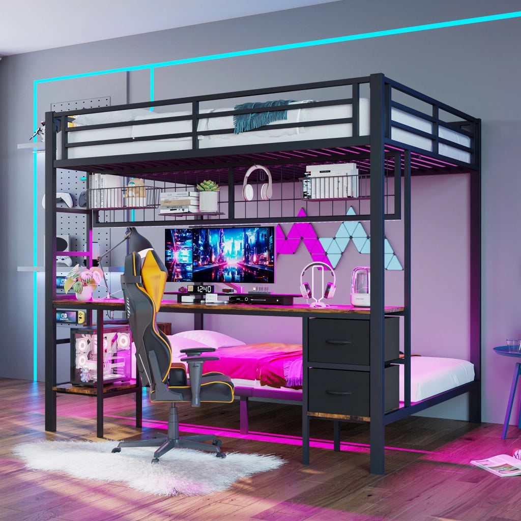 Letto a castello nero in metallo con cassetti e scrivania 140x200 cm