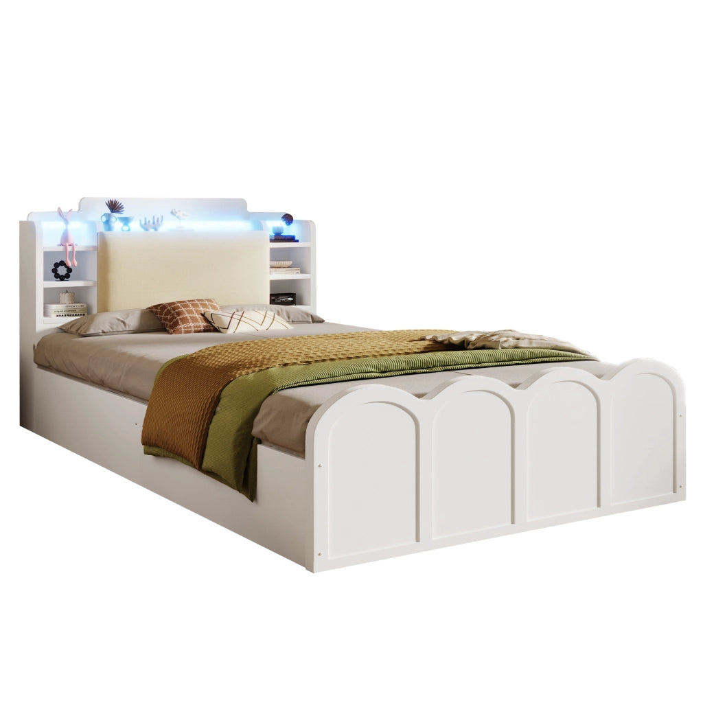 OKWISH Letto Contenitore 90×200 cm, Letto Singolo con USB e Tipo C, LED Regolabile e Contenitori, senza Materasso, Bianco