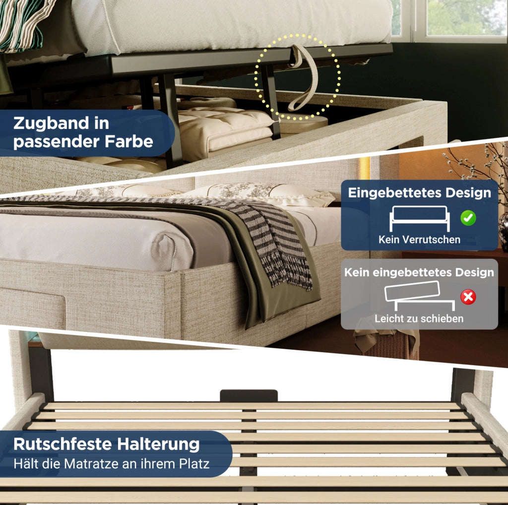 Letto con testiera multifunzione, contenitore idraulico, LED e porte USB